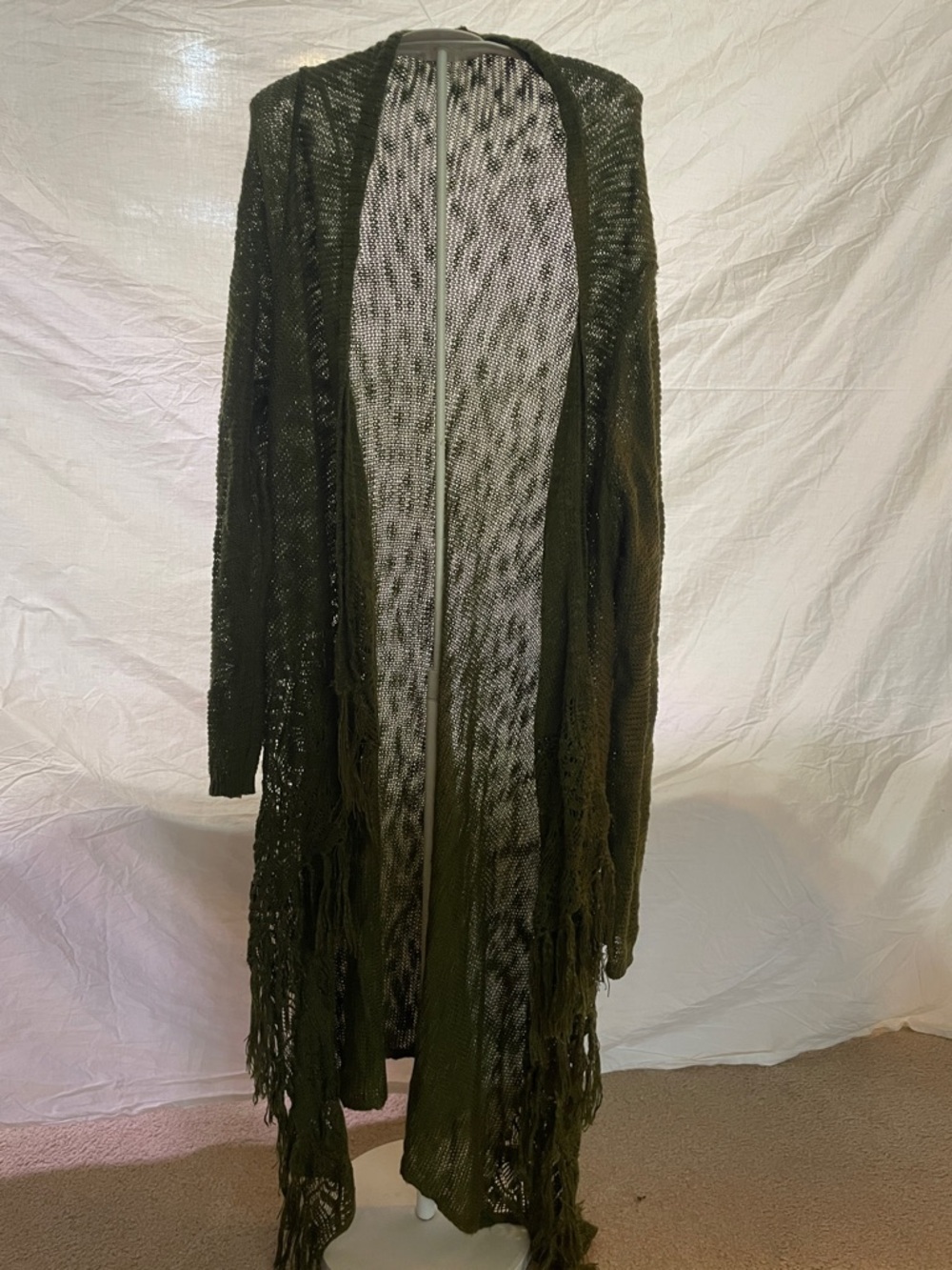 Olive Green Open-Front Fringe Knit Cardigan - Women